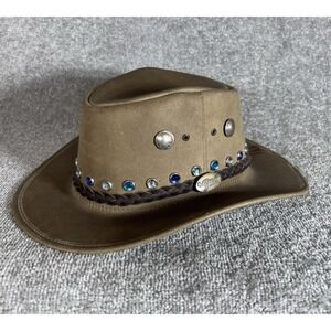 Jacaru Australia Leather Wallaroo Oil Hat Mens Sz XXL Brown Turquoise Rhinestone